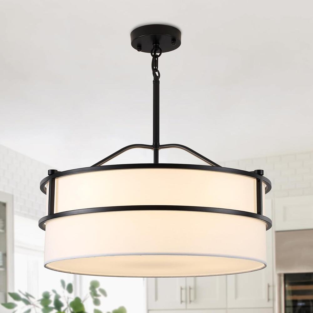 20" Modern Black Drum Chandelier 5-Light Farmhouse Pendant White Linen Shade